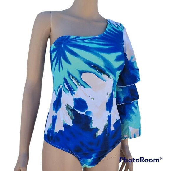 One Shoulder Tie Dye Floral Swimsuit . Size Large. NWOT. - Picture 5 of 11